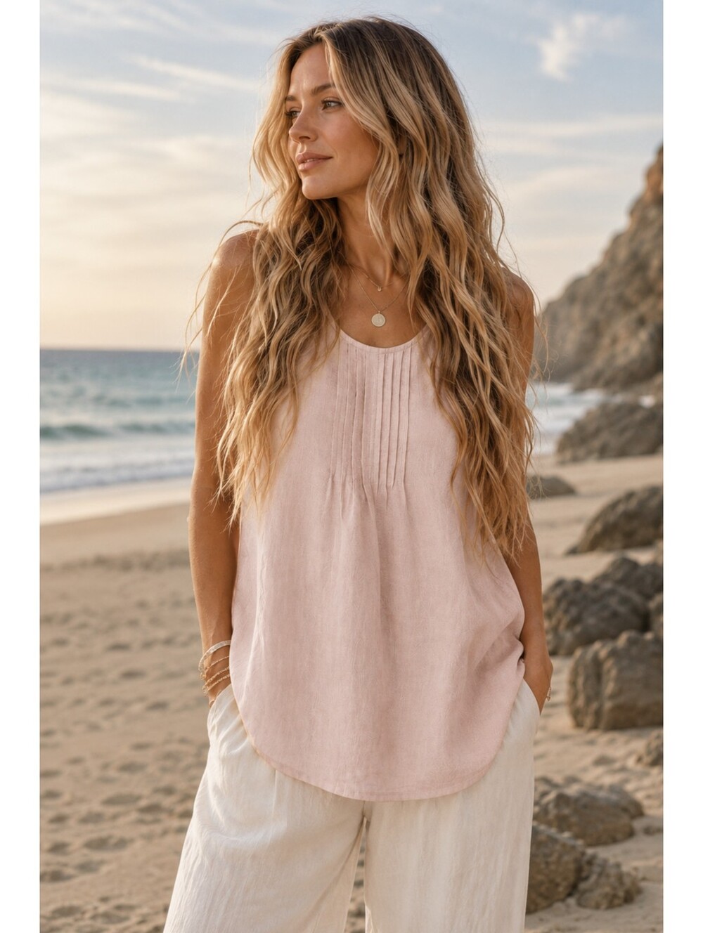 Laura Bianchi 100% Linen Made In Italy Blush Pink Pintuck Tank Top Size Small